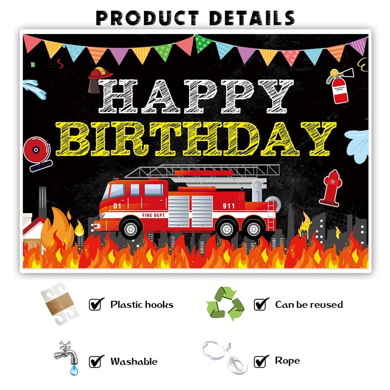 INNORU خلفية تصوير عيد ميلاد سعيد بالنار، ديكور حفلة عيد ميلاد بموضوع شاحنة الإطفاء للداخل والخارج، مستلزمات حفلات الأطفال 6X4 قدم - Image 3